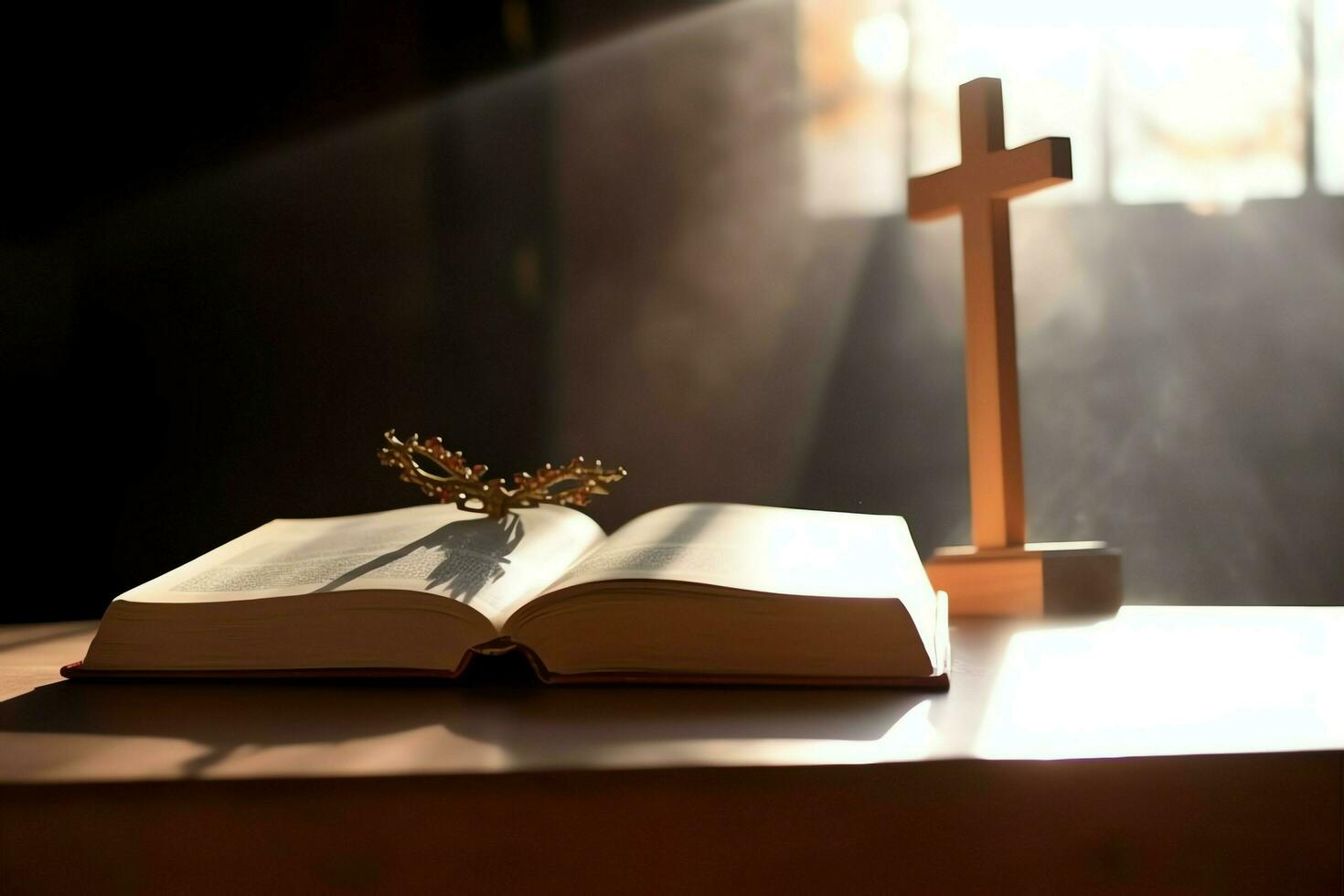 proche en haut de une saint Bible et Christian traverser sur en bois tableau. content bien Vendredi ou religion concept par ai généré photo