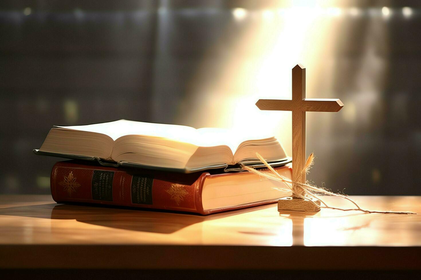 proche en haut de une saint Bible et Christian traverser sur en bois tableau. content bien Vendredi ou religion concept par ai généré photo