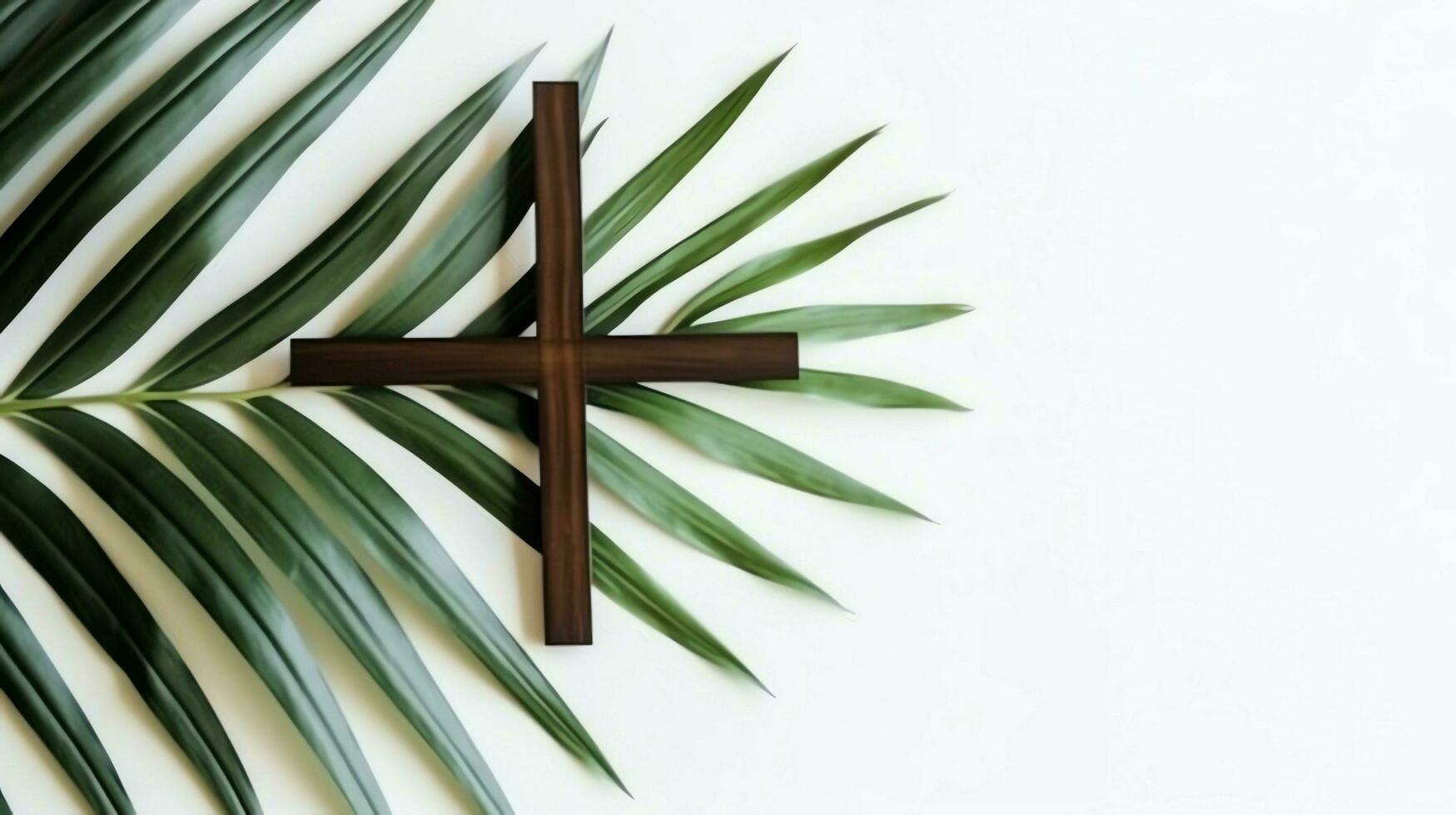 une Christian en bois traverser crucifix signe avec vert paume feuilles comme religieux vacances. paume dimanche un événement concept par ai généré photo