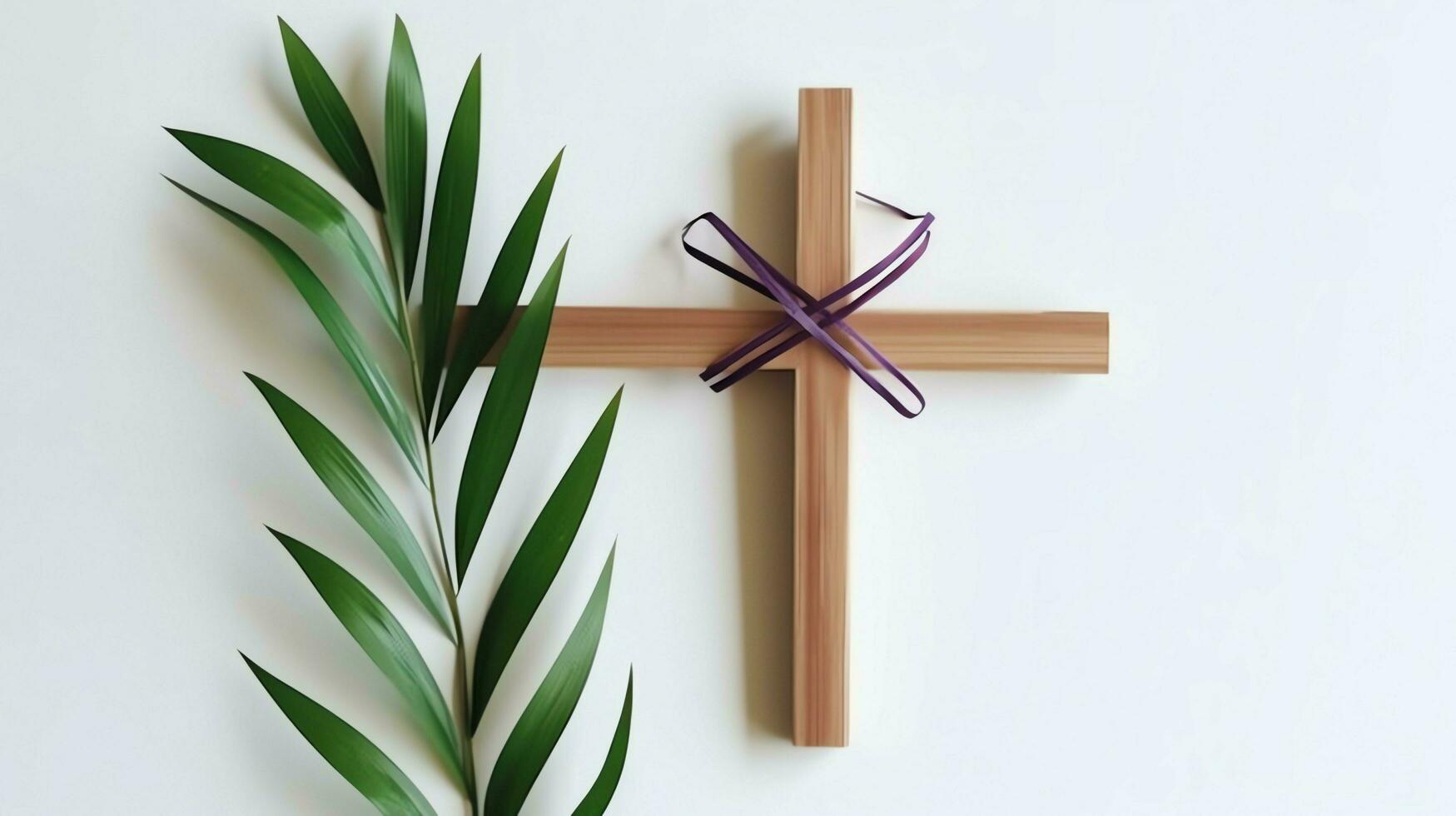 une Christian en bois traverser crucifix signe avec vert paume feuilles comme religieux vacances. paume dimanche un événement concept par ai généré photo