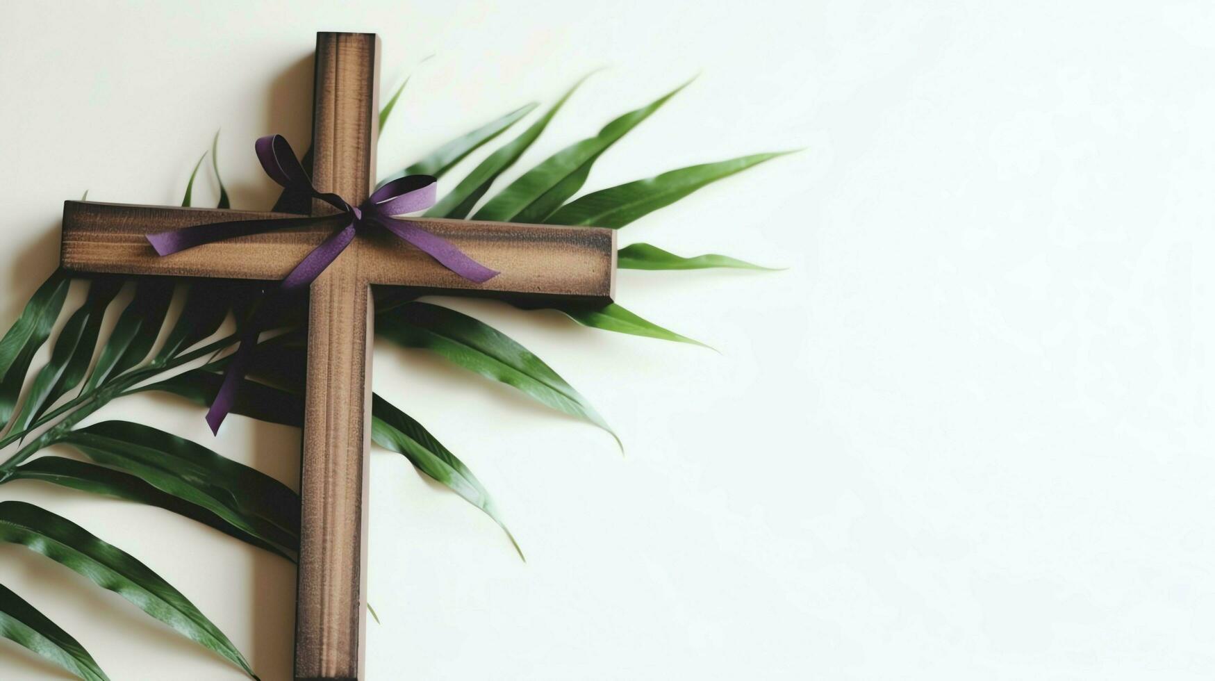 une Christian en bois traverser crucifix signe avec vert paume feuilles comme religieux vacances. paume dimanche un événement concept par ai généré photo