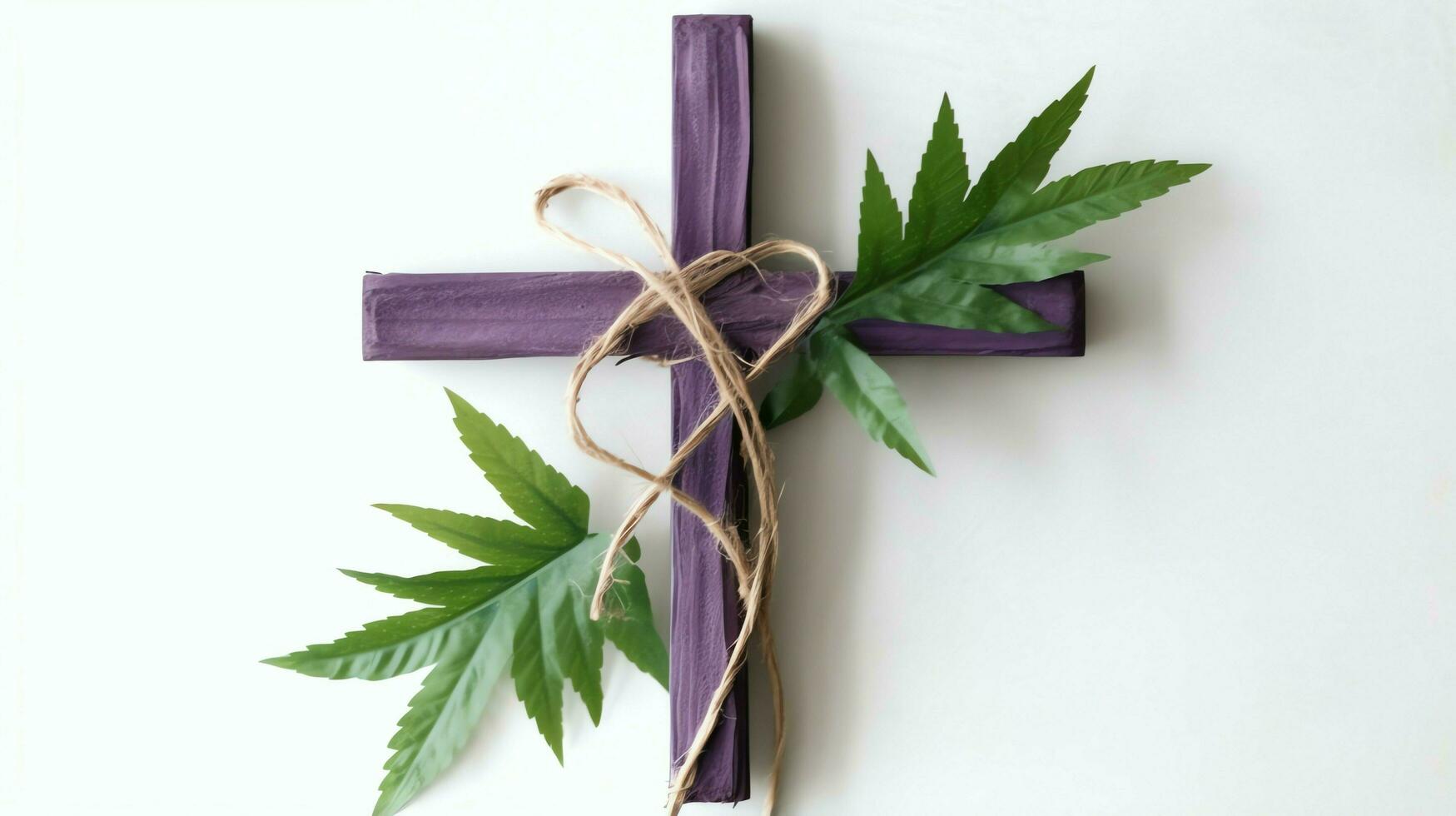 une Christian en bois traverser crucifix signe avec vert paume feuilles comme religieux vacances. paume dimanche un événement concept par ai généré photo