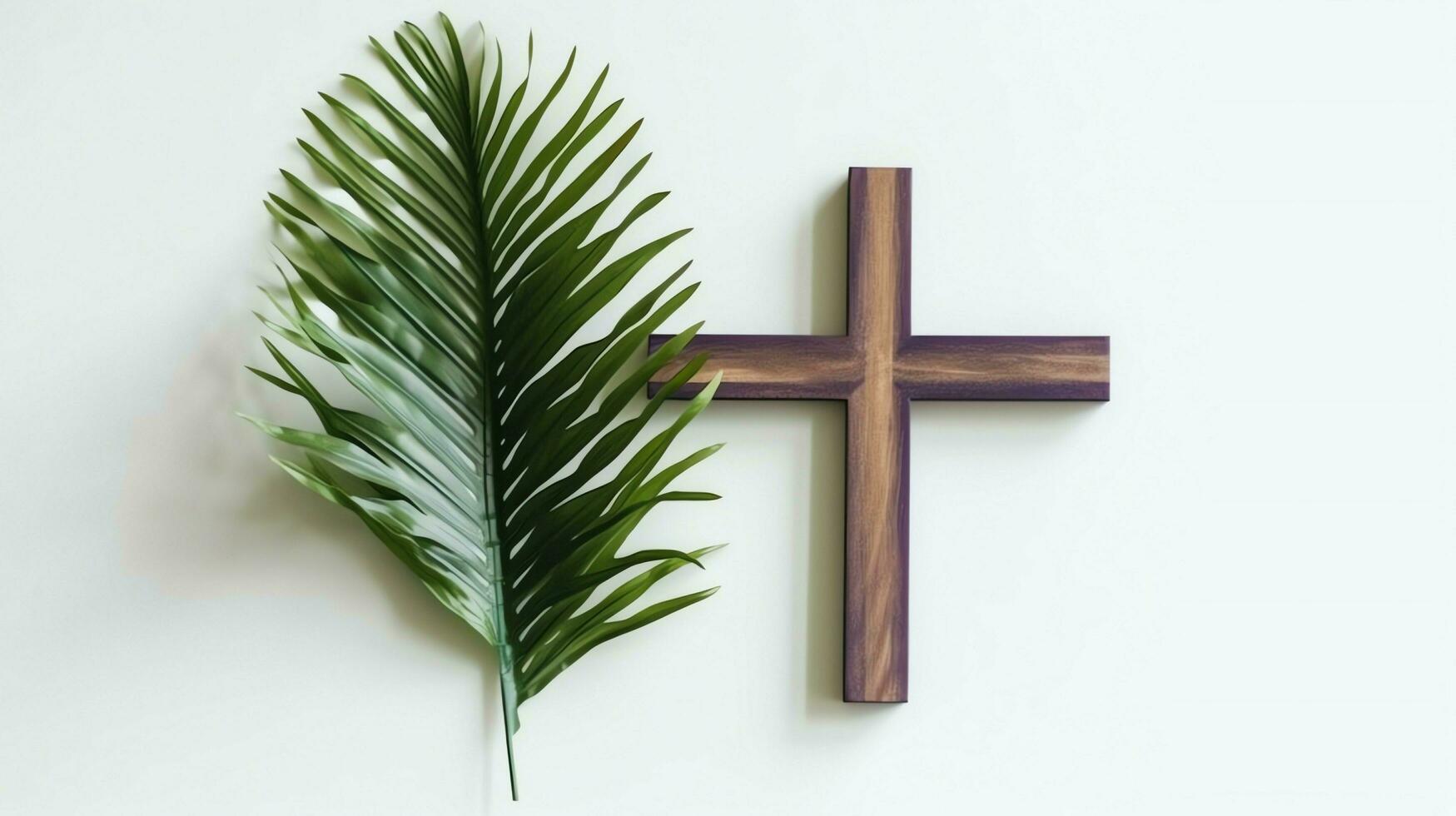 une Christian en bois traverser crucifix signe avec vert paume feuilles comme religieux vacances. paume dimanche un événement concept par ai généré photo