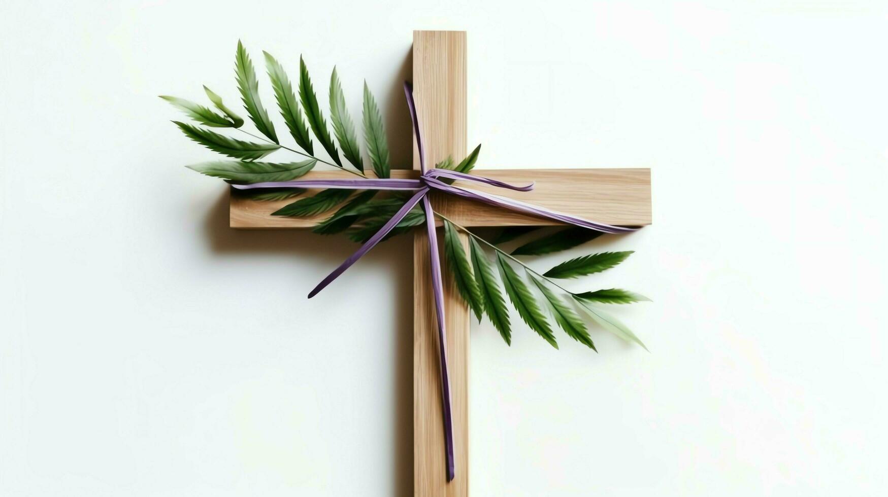 une Christian en bois traverser crucifix signe avec vert paume feuilles comme religieux vacances. paume dimanche un événement concept par ai généré photo