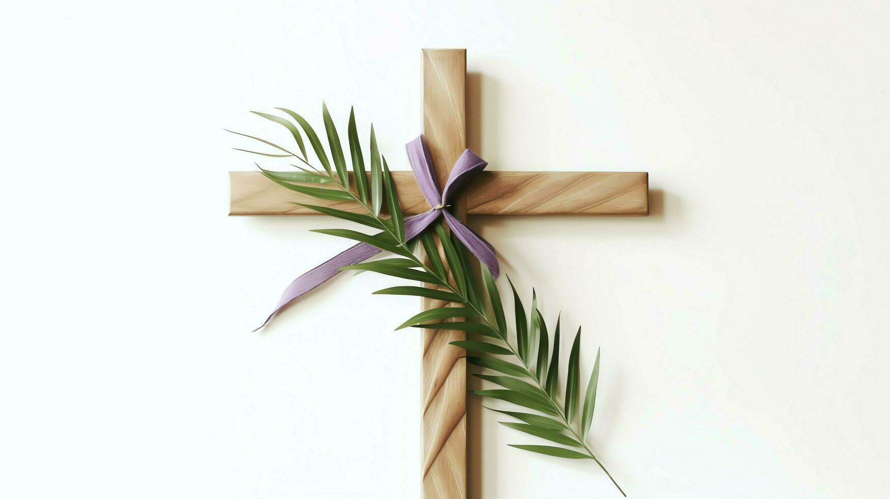 une Christian en bois traverser crucifix signe avec vert paume feuilles comme religieux vacances. paume dimanche un événement concept par ai généré photo