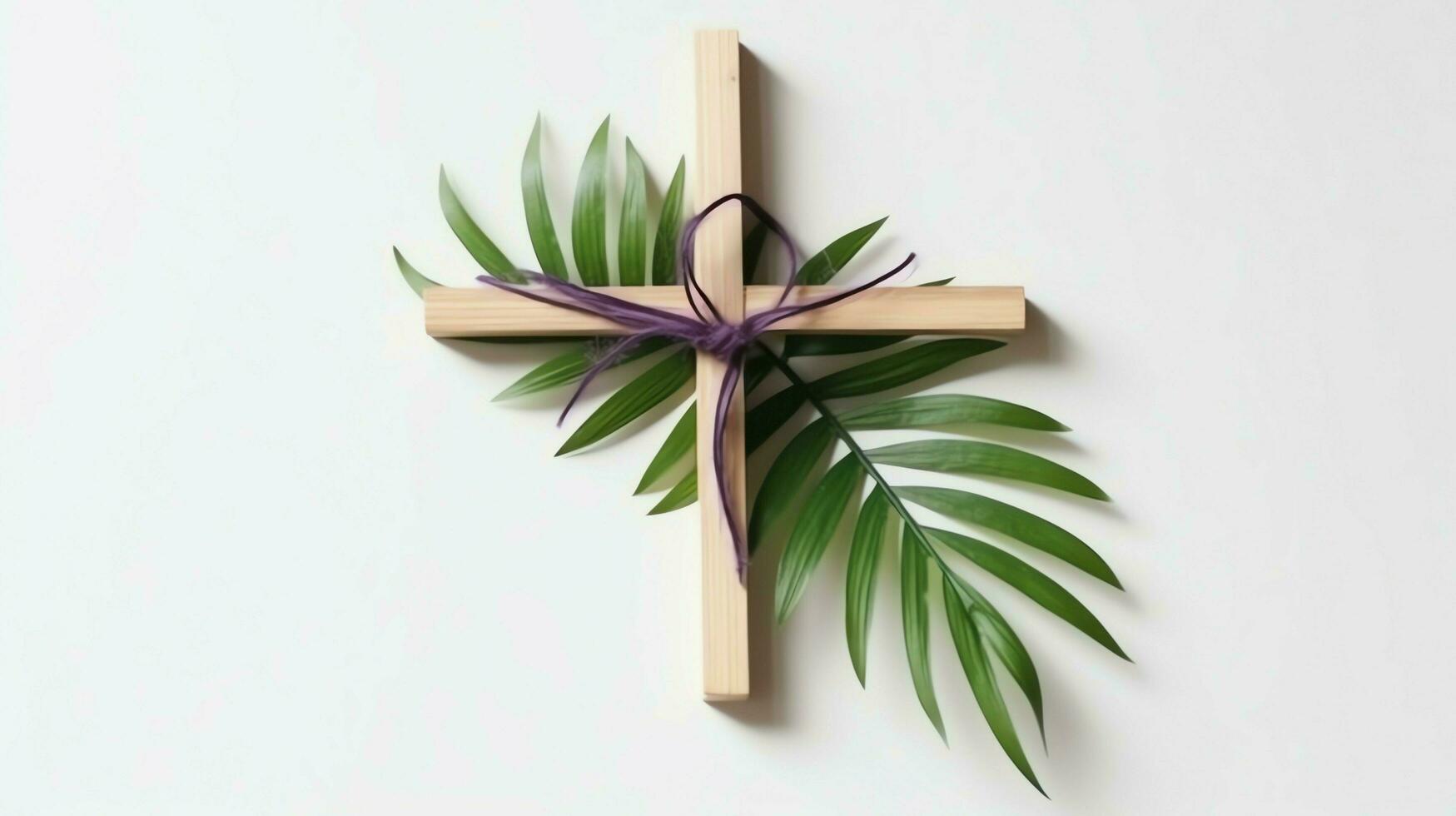 une Christian en bois traverser crucifix signe avec vert paume feuilles comme religieux vacances. paume dimanche un événement concept par ai généré photo