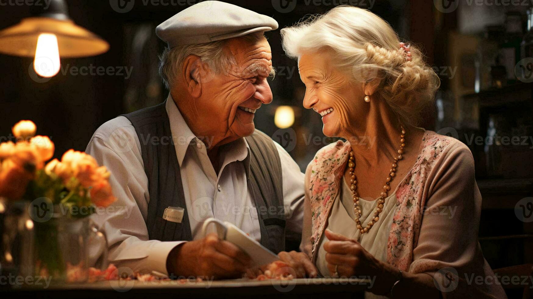 un personnes âgées couple dans aimer, une homme et une femme, sont séance à une tableau, à la recherche à chaque autre avec l'amour et souriant photo