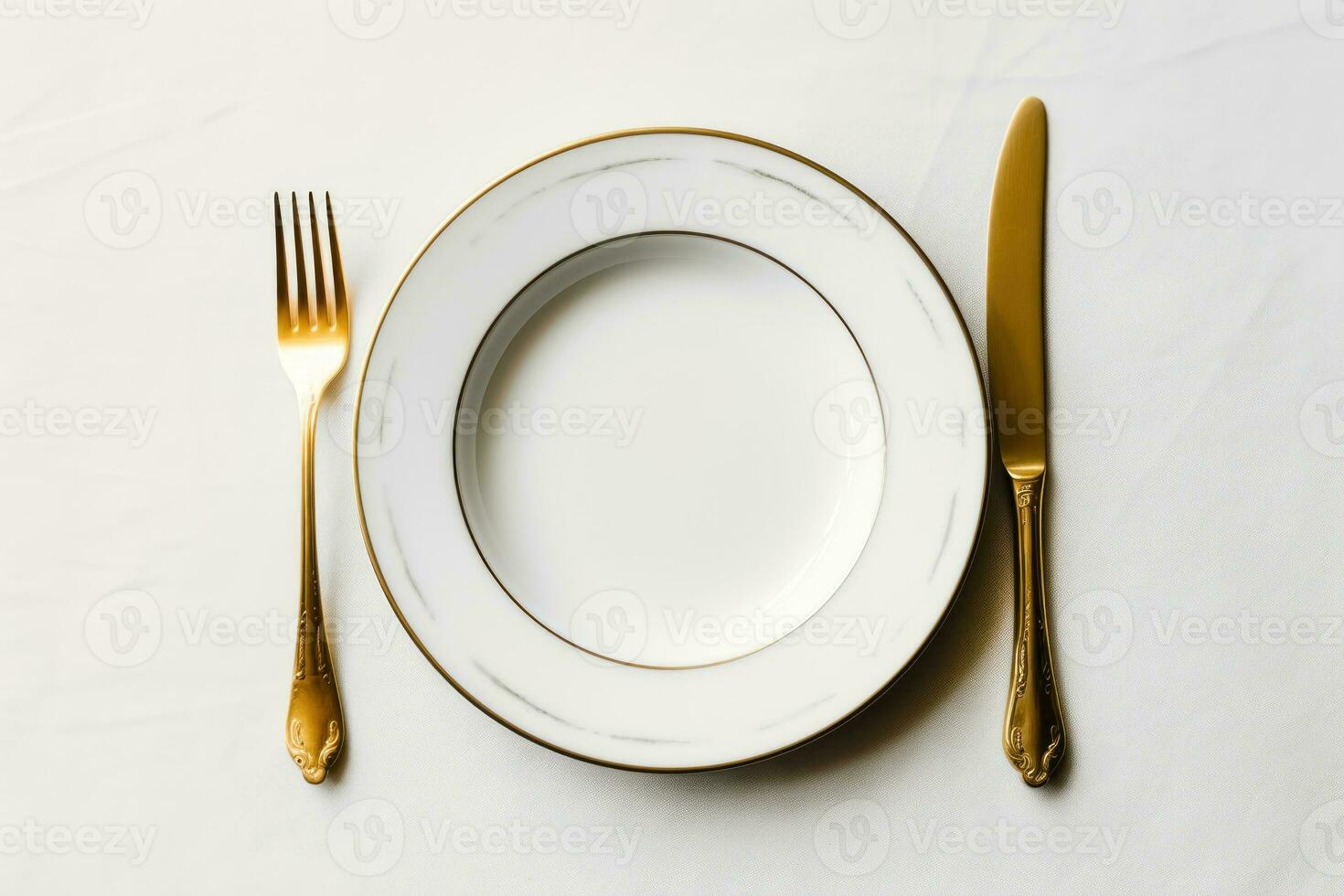 élégant à manger - blanc assiette et d'or coutellerie sur blanc Contexte - génératif ai photo