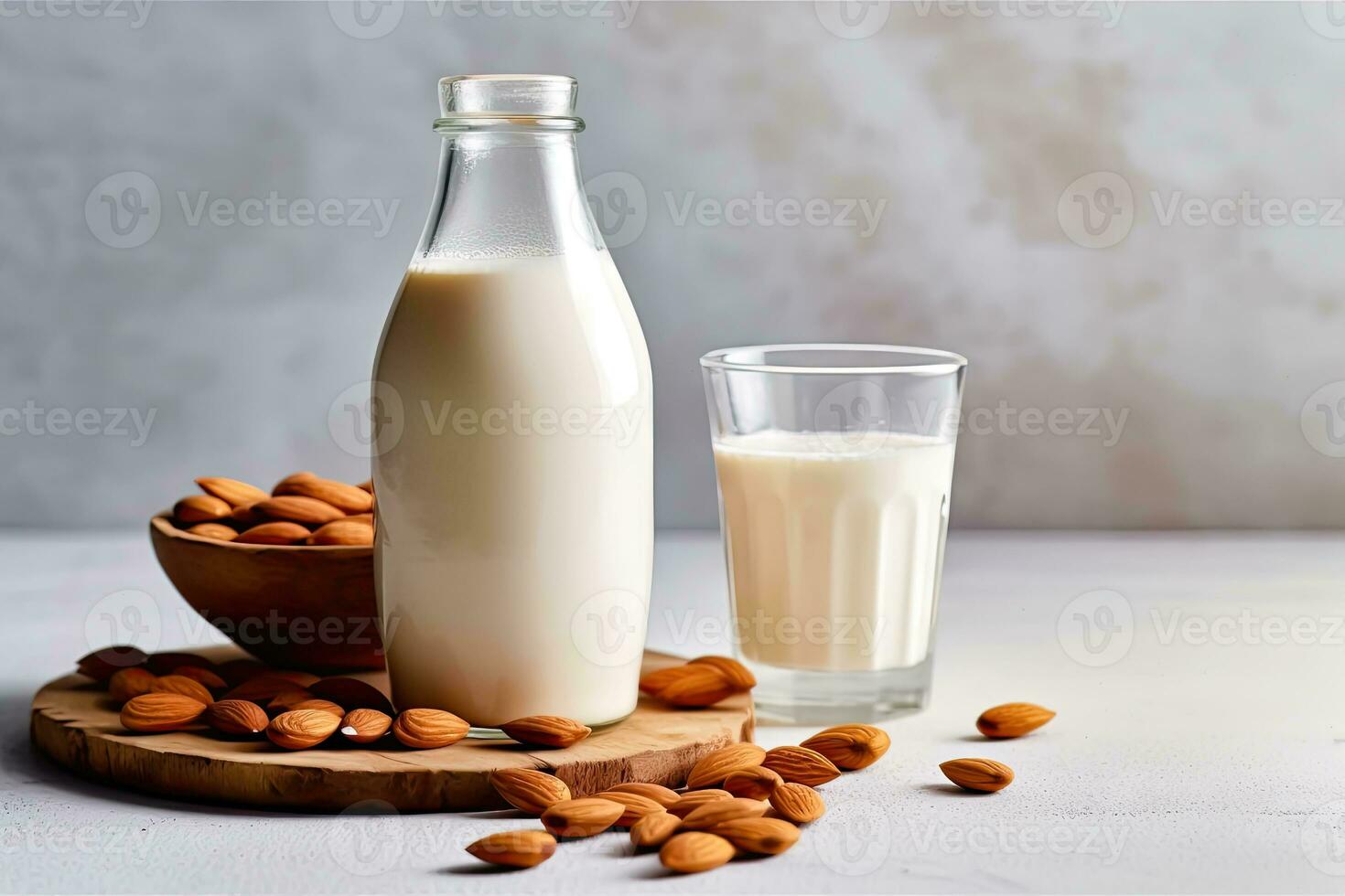 amande Lait bouteille et verre avec épars amande des noisettes - génératif ai photo