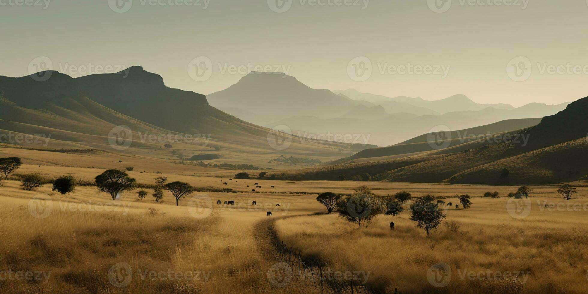 ai généré. ai génératif. sauvage Extérieur la nature Sud Afrique paysage Contexte avec montagnes et champ. graphique art photo