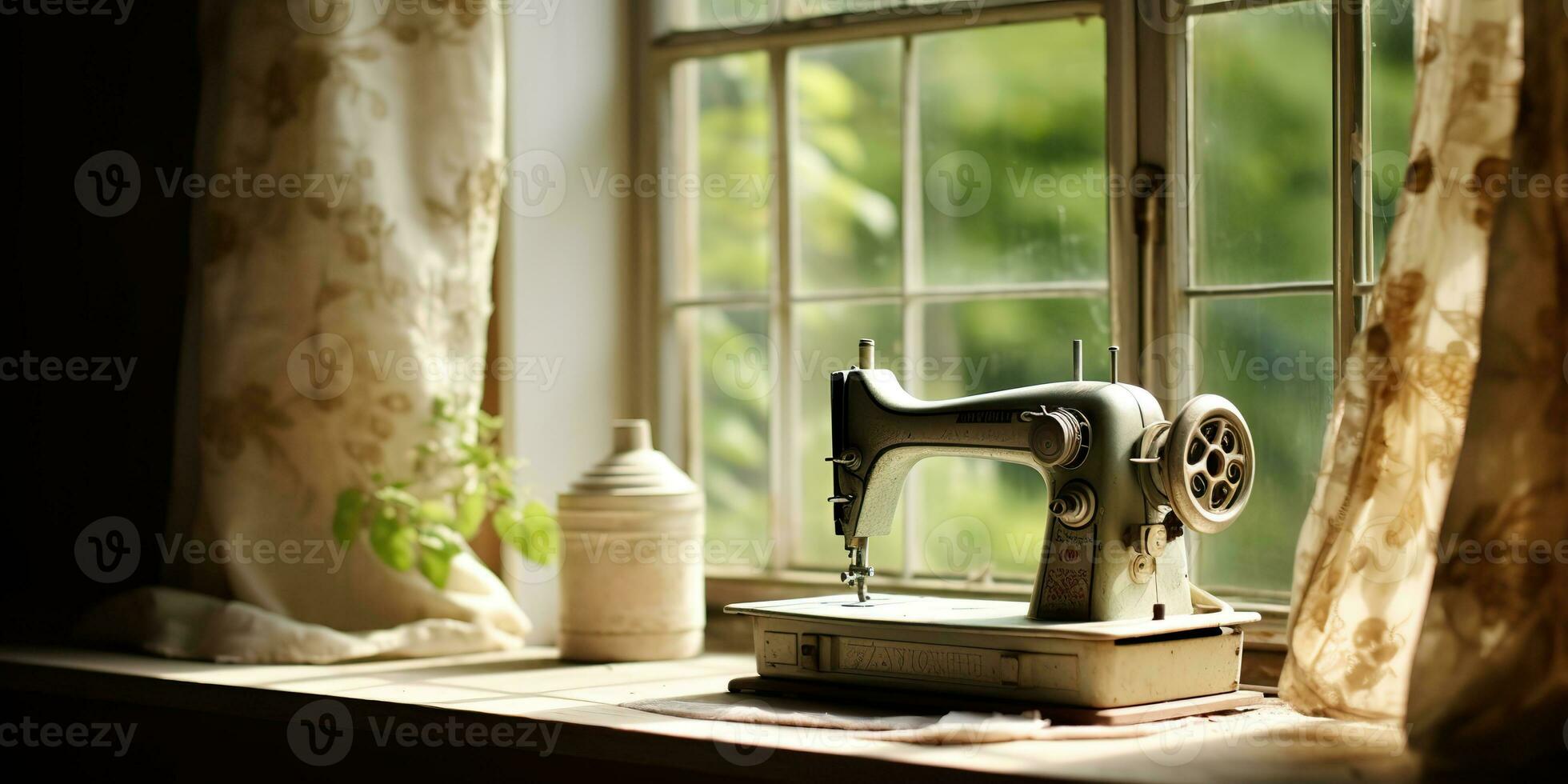 ai généré. ai génératif. ancien rétro couture machine sur fenêtre avec fleurs. décoratif Accueil confortable Contexte. graphique art photo