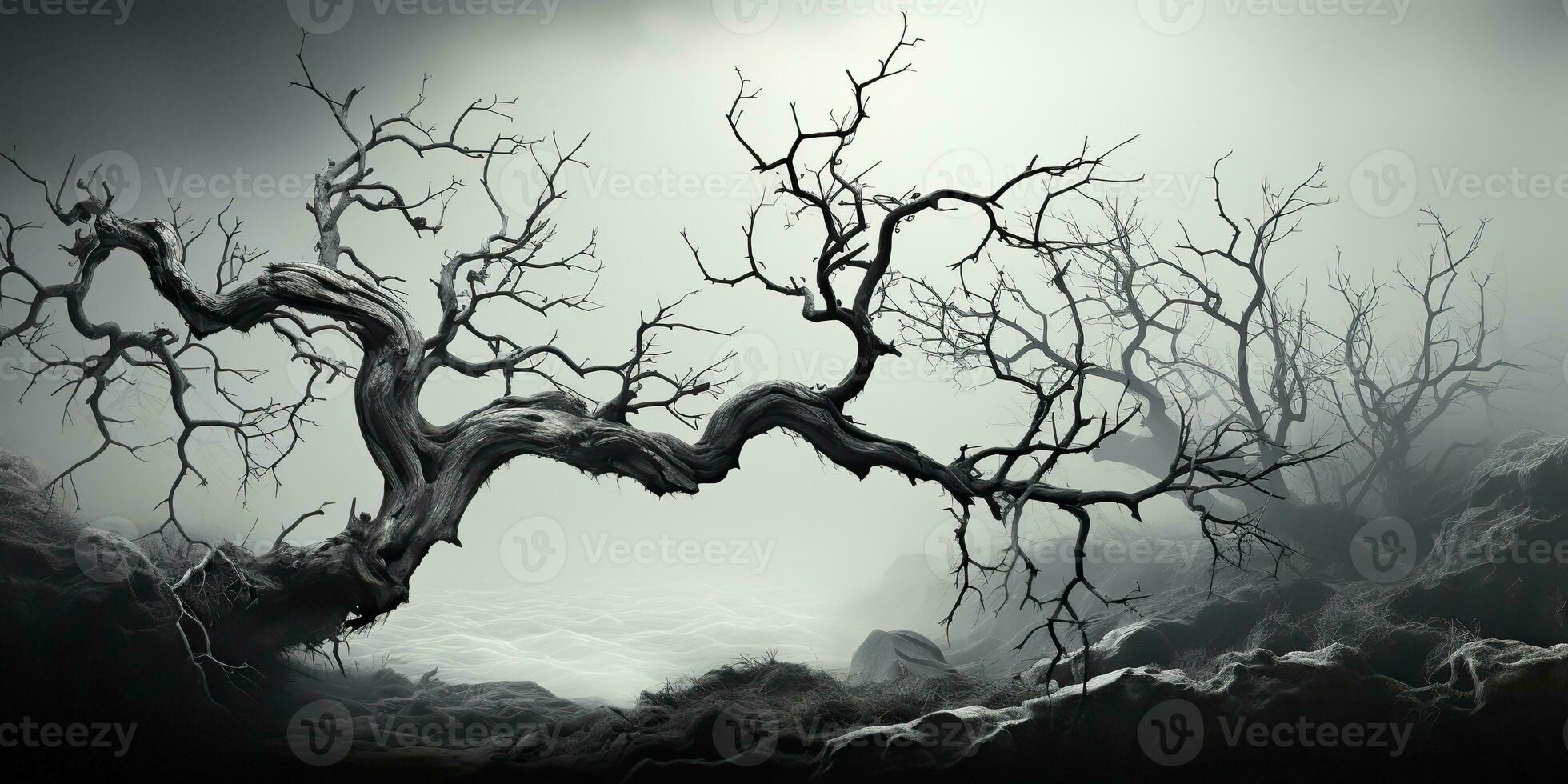 ai généré. ai génératif. effrayant horreur mal foncé gothique Halloween forêt jungle tordu arbre branches décoration Contexte. graphique art photo