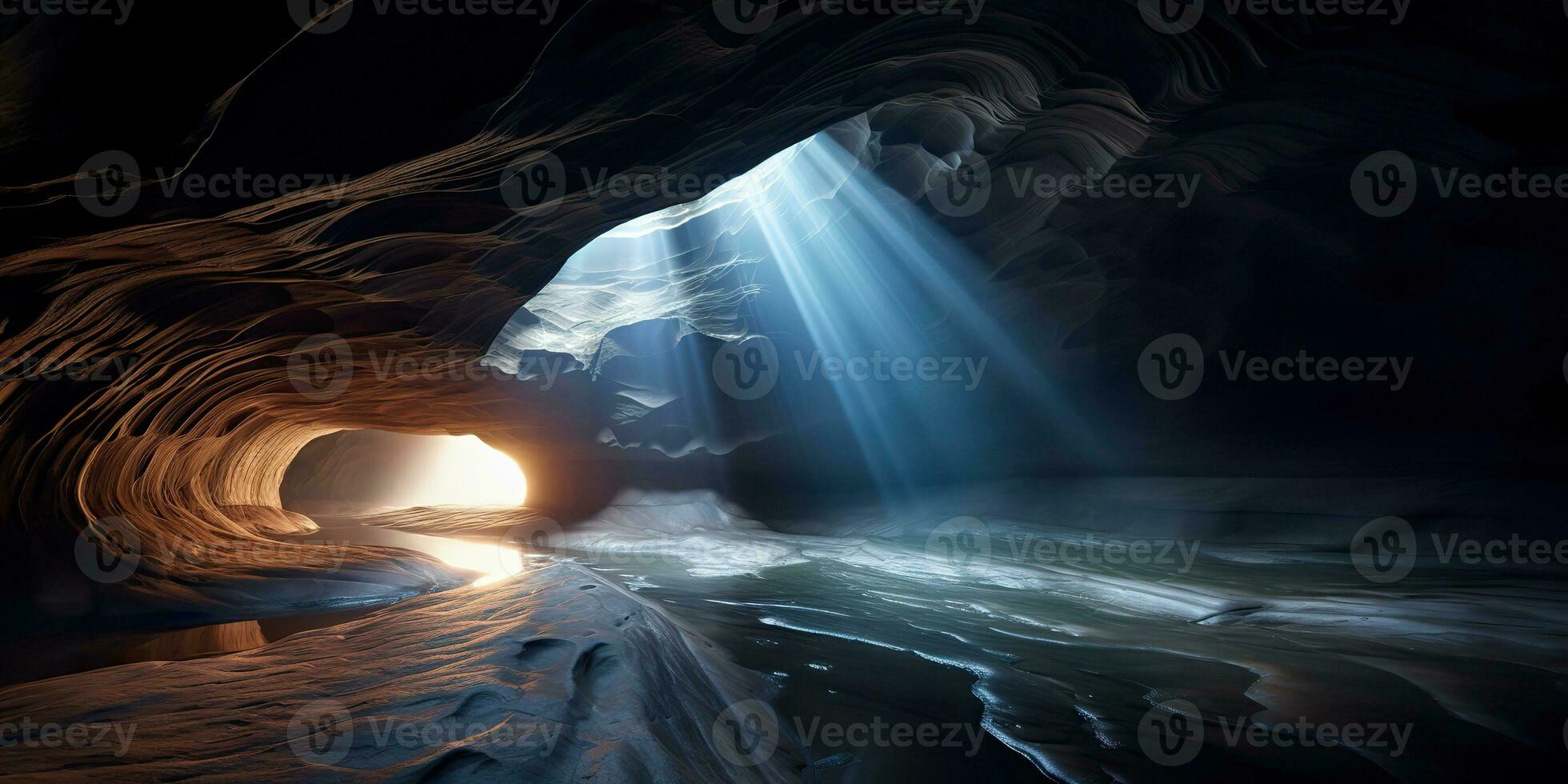 ai généré. ai génératif. vieux Profond la grotte en dessous de Terre avec Soleil rayon lumière de au-dessus de. graphique art photo