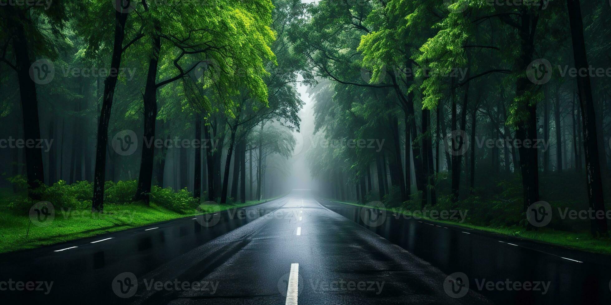 ai généré. ai génératif. Extérieur la nature Landsacpe forêt arbre route Autoroute chemin paysage Contexte. graphique art photo