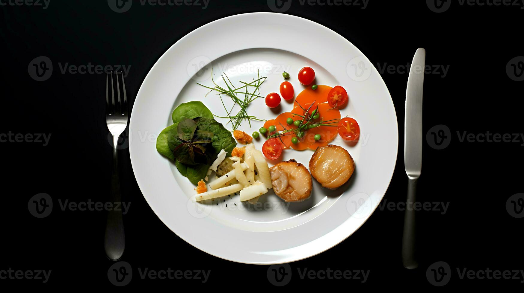 savoureux nourriture assiette sur une noir Contexte ai généré photo