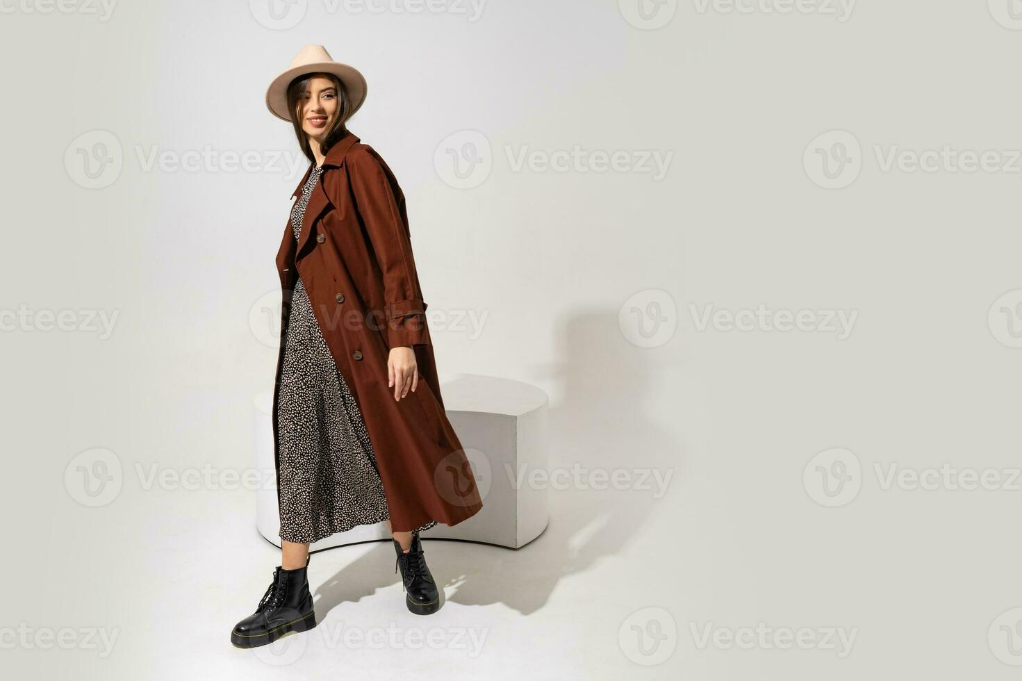 vin mode regarder. élégant brunette modèle dans marron manteau et beige chapeau posant dans studio sur blanc Contexte. plein longueur. fond fo texte. photo