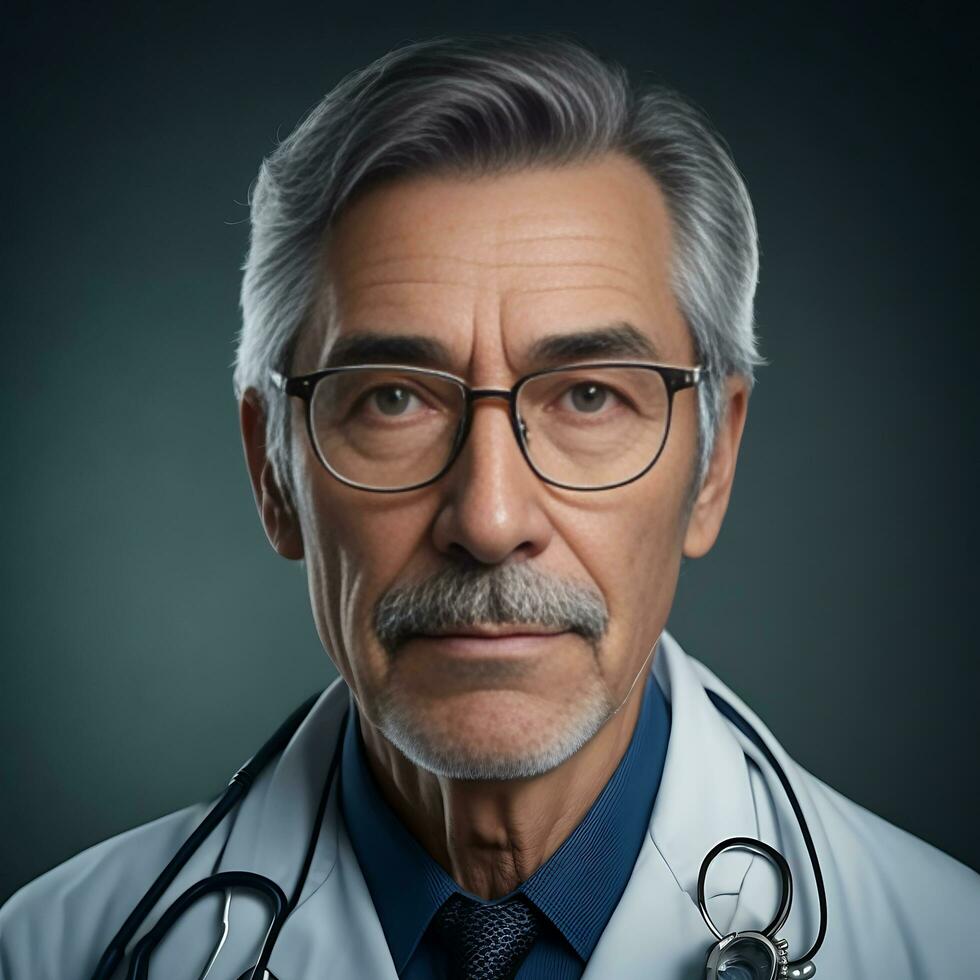 une homme portrait de mature médecin avec lunettes, ai généré photo