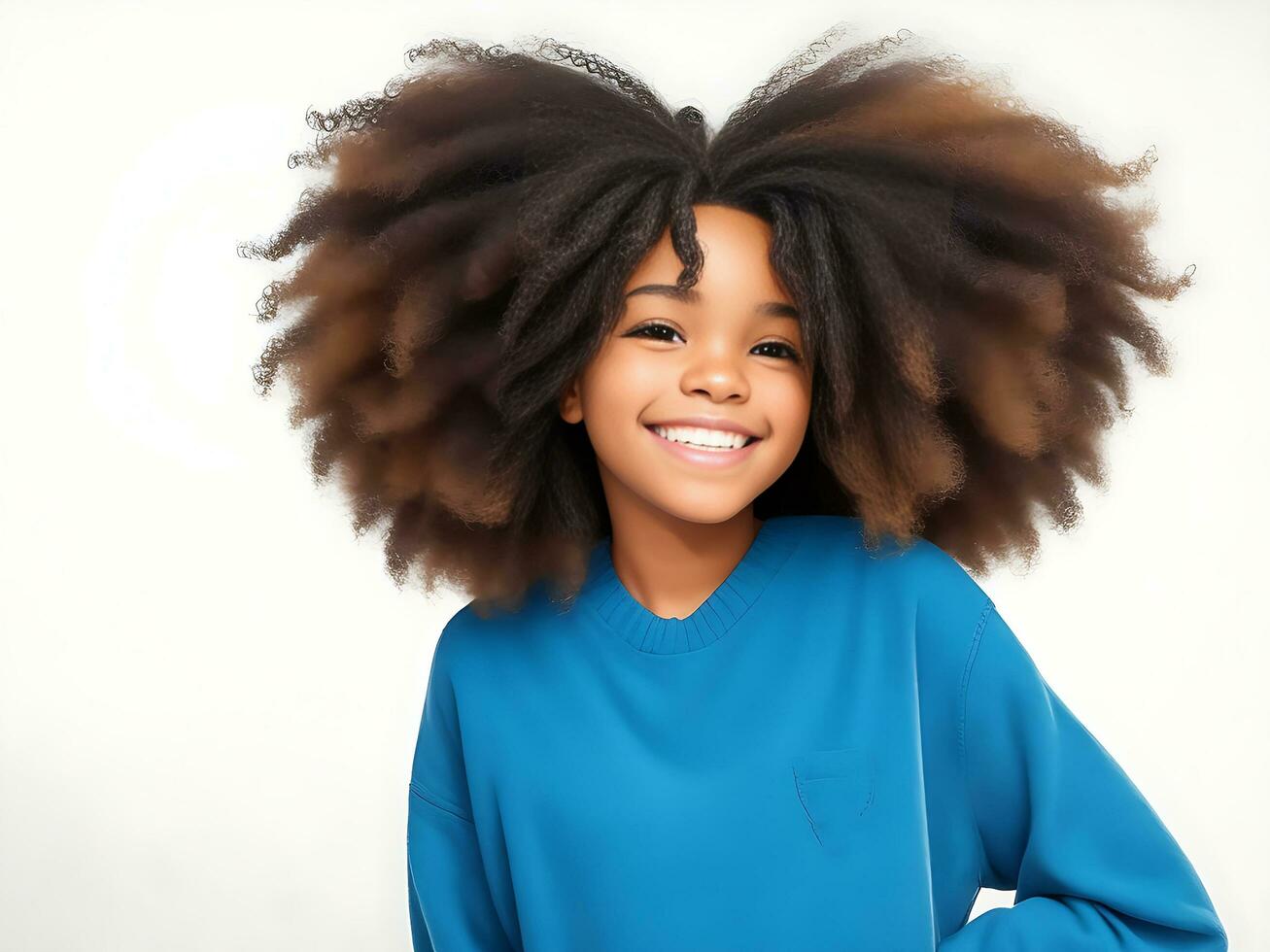 mignonne insouciant sympathique adolescent fille avec afro coiffure souriant largement avec timide, ai généré photo