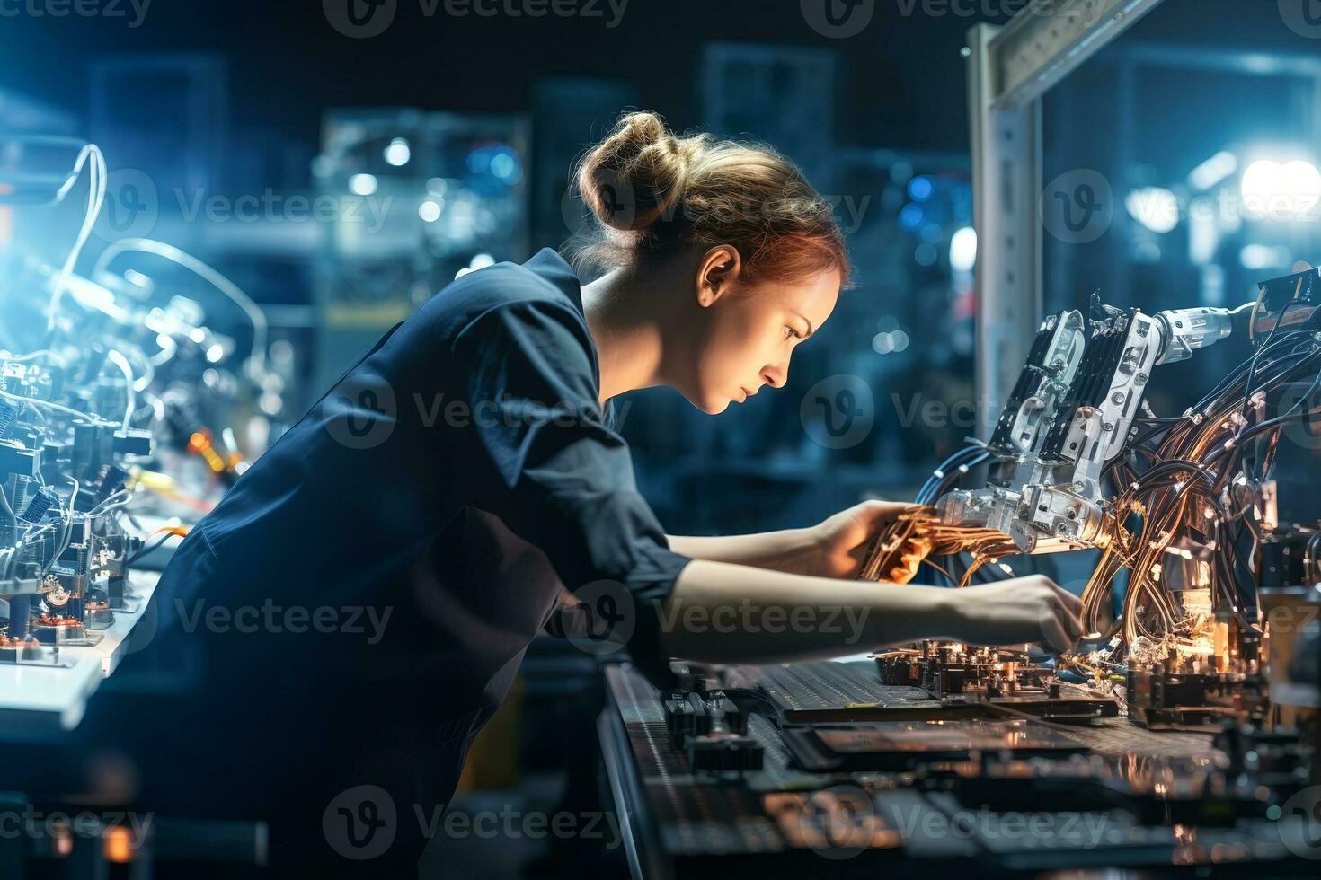 professionnel ingénierie femme travail avec le bureau dans le usine ou bureau. conception une robotique. ai génératif photo