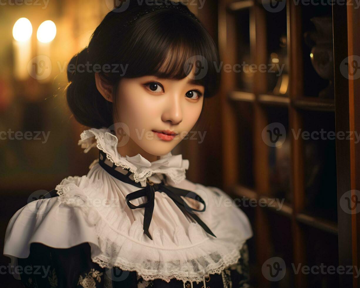 mignonne asiatique Jeune fille habillé dans lolita Femme de ménage robe ai génératif photo