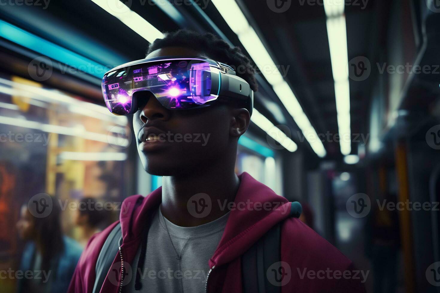 la personne portant une futuriste vr des lunettes ai génératif photo