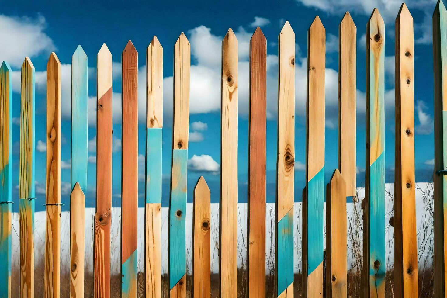 une clôture avec coloré en bois des postes contre une bleu ciel. généré par ai photo