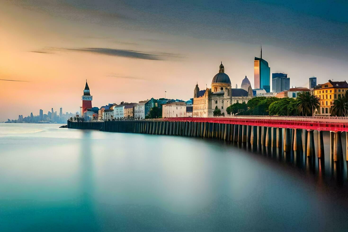 le ville horizon est vu de le l'eau. généré par ai photo