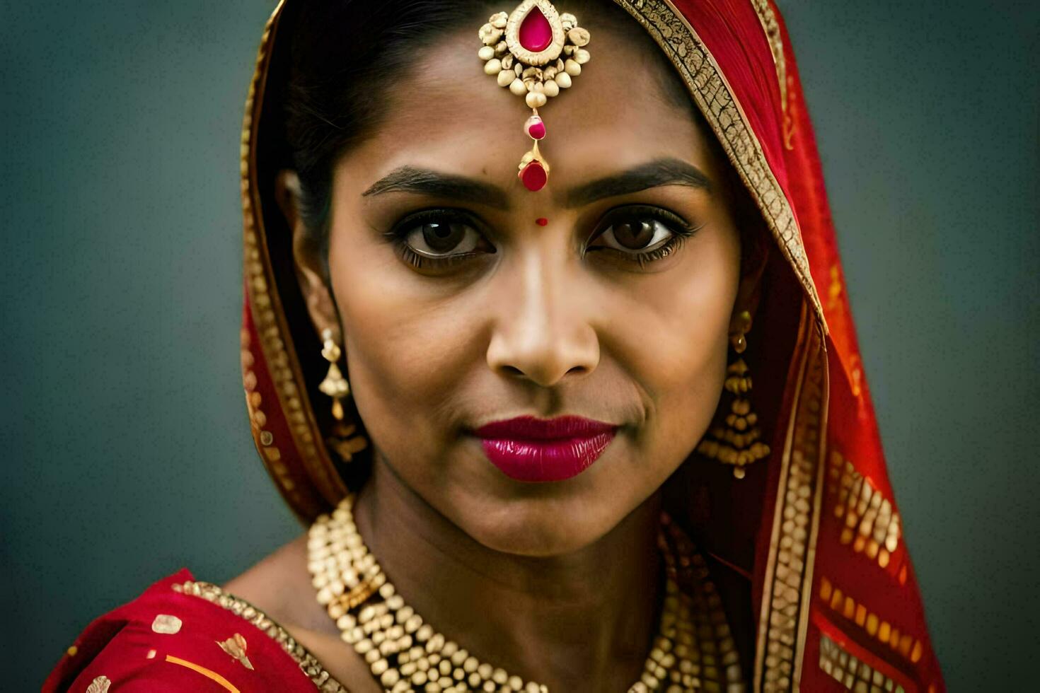 une magnifique Indien femme portant une rouge sari. généré par ai photo