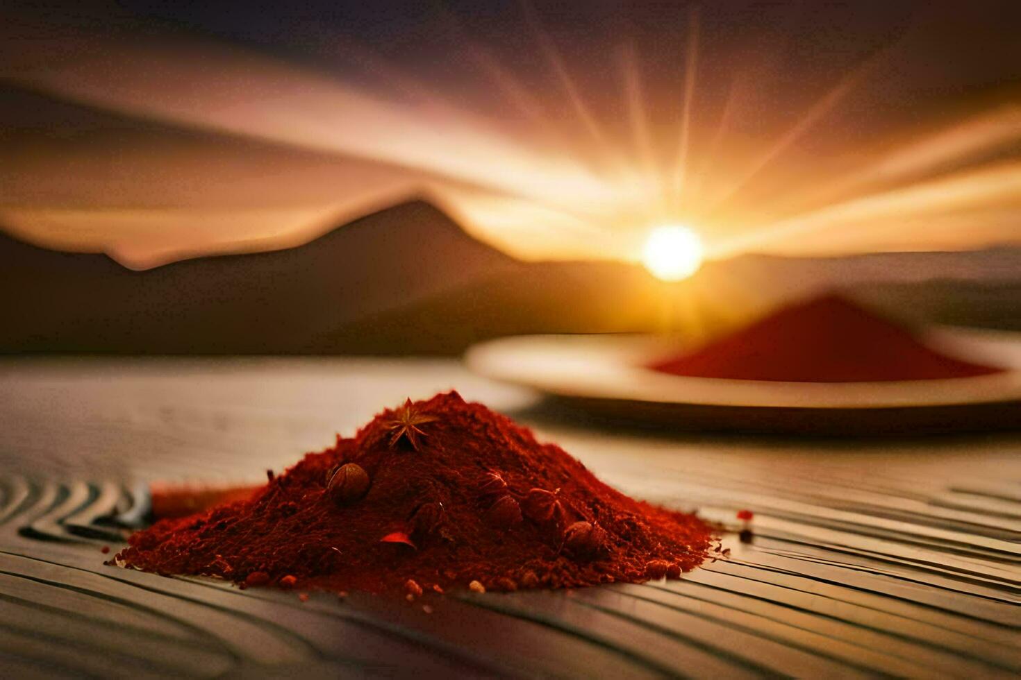 rouge poudre sur le table avec le Soleil réglage dans le Contexte. généré par ai photo