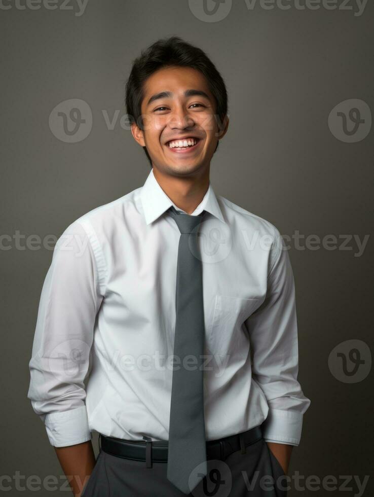 souriant Jeune homme de asiatique descente habillé dans costume sur gris Contexte ai génératif photo