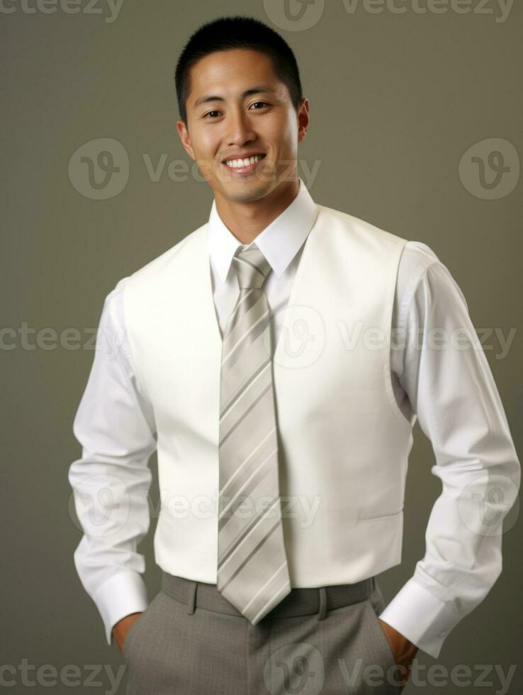 souriant Jeune homme de asiatique descente habillé dans costume sur gris Contexte ai génératif photo