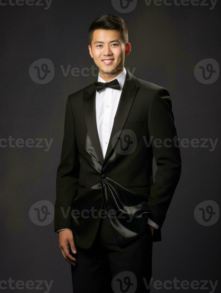 souriant Jeune homme de asiatique descente habillé dans costume sur gris Contexte ai génératif photo