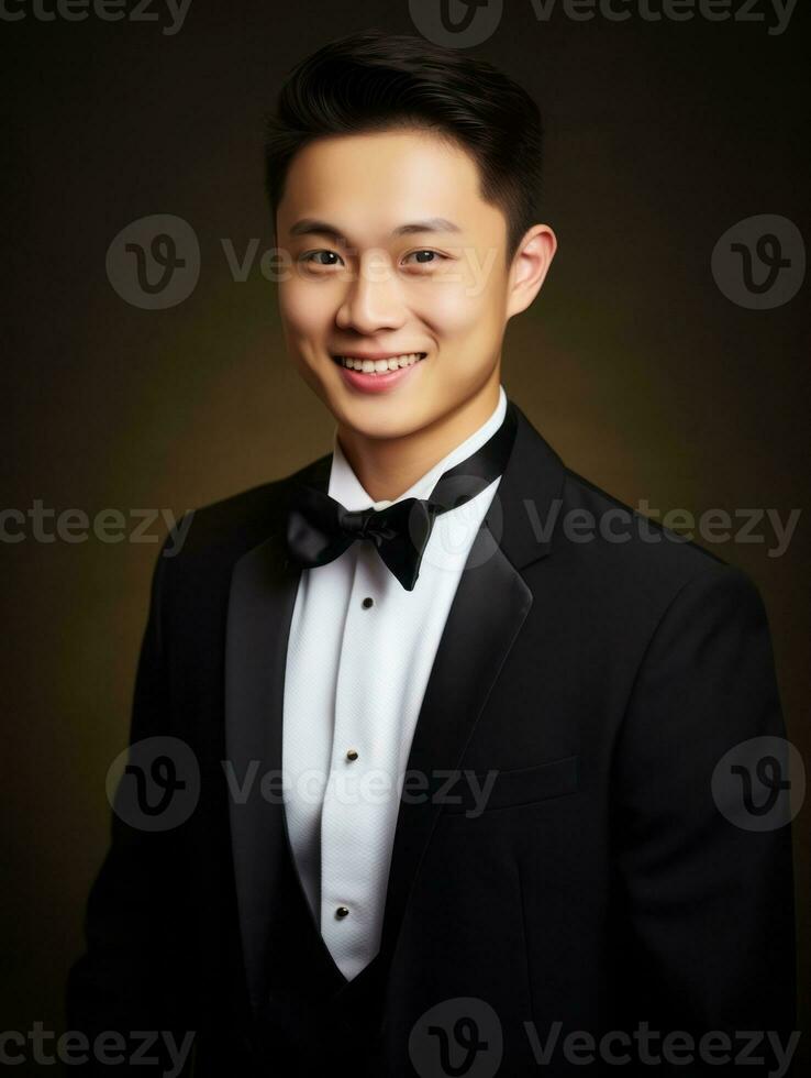 souriant Jeune homme de asiatique descente habillé dans costume sur gris Contexte ai génératif photo