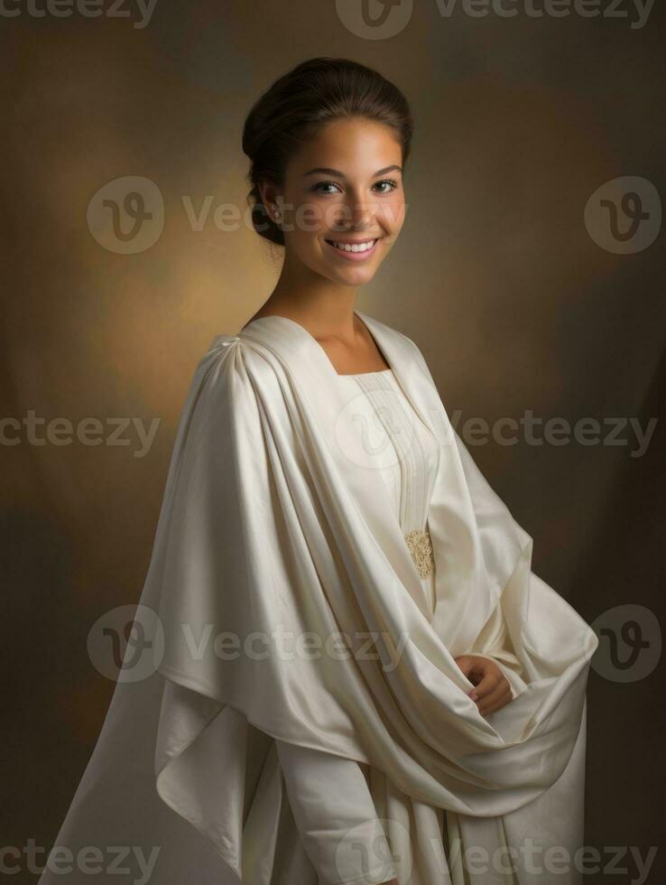 souriant Jeune femme de mexicain descente habillé dans élégant robe sur gris Contexte ai génératif photo