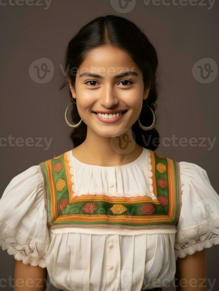 souriant Jeune femme de mexicain descente habillé dans élégant robe sur gris Contexte ai génératif photo