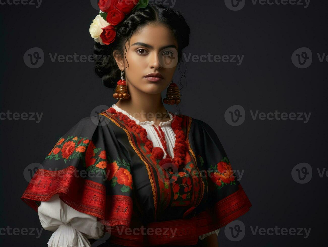 souriant Jeune femme de mexicain descente habillé dans élégant robe sur gris Contexte ai génératif photo