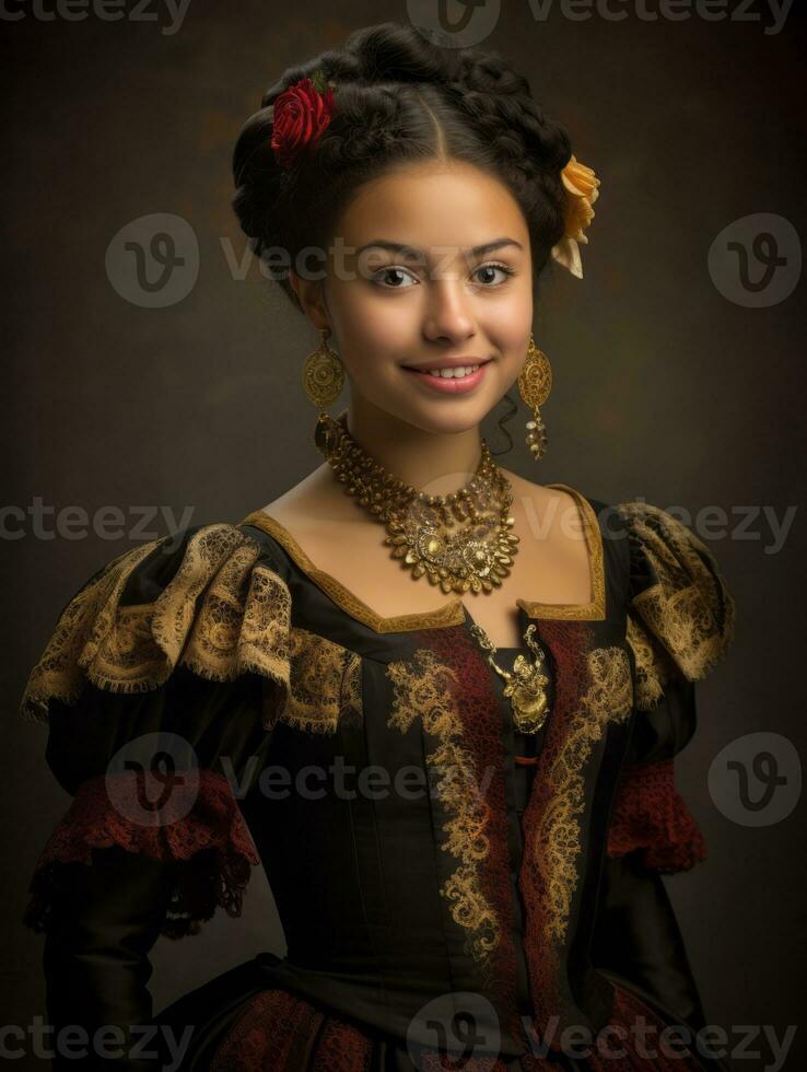 souriant Jeune femme de mexicain descente habillé dans élégant robe sur gris Contexte ai génératif photo