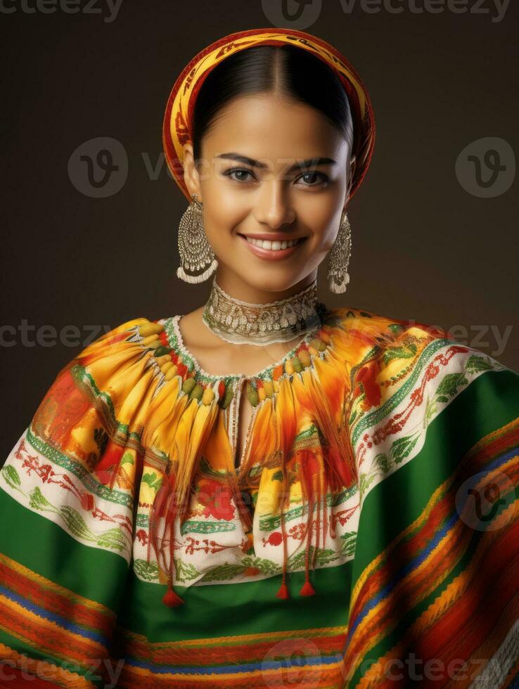souriant Jeune femme de mexicain descente habillé dans élégant robe sur gris Contexte ai génératif photo