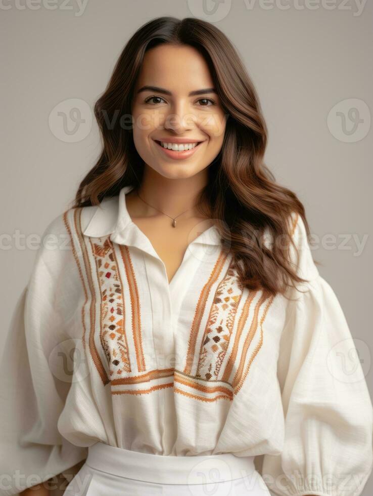 souriant Jeune femme de mexicain descente habillé dans élégant robe sur gris Contexte ai génératif photo