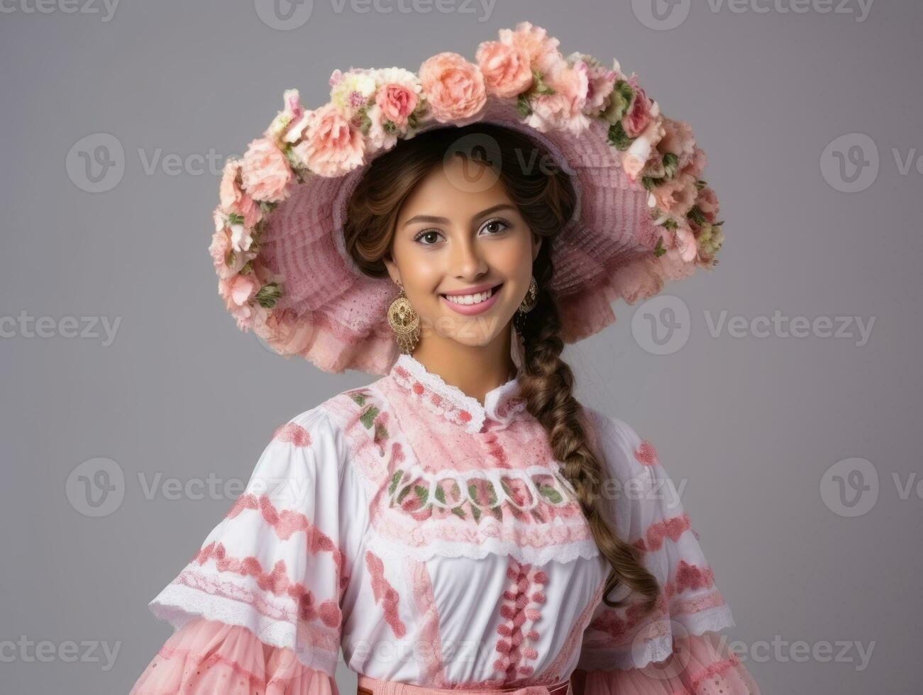 souriant Jeune femme de mexicain descente habillé dans élégant robe sur gris Contexte ai génératif photo