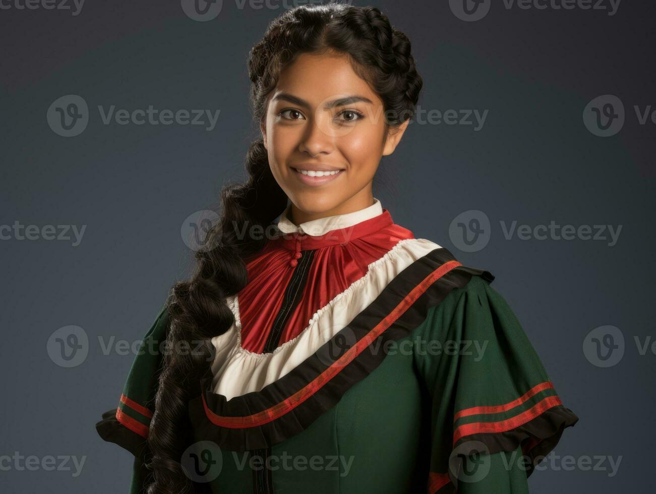 souriant Jeune femme de mexicain descente habillé dans élégant robe sur gris Contexte ai génératif photo