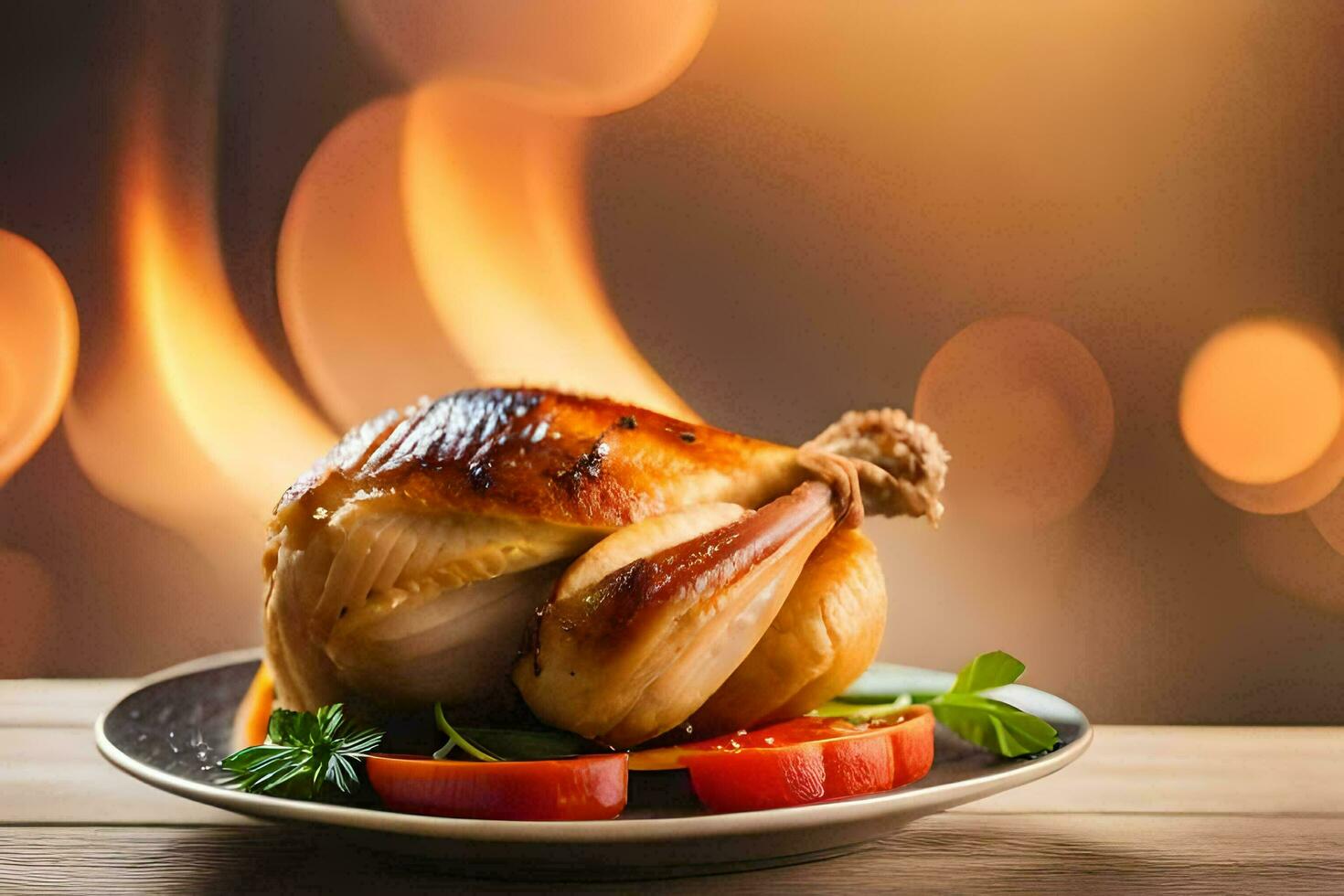 une rôti poulet sur une assiette avec tomates et des légumes. généré par ai photo