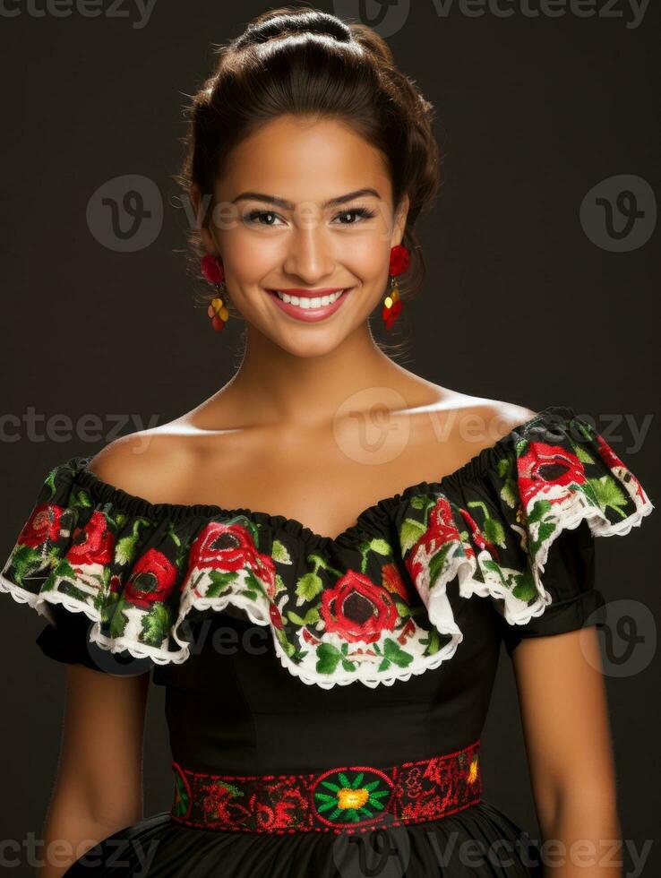 souriant Jeune femme de mexicain descente habillé dans élégant robe sur gris Contexte ai génératif photo