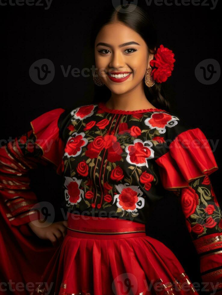 souriant Jeune femme de mexicain descente habillé dans élégant robe sur gris Contexte ai génératif photo