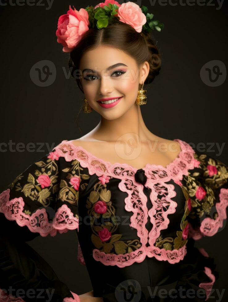 souriant Jeune femme de mexicain descente habillé dans élégant robe sur gris Contexte ai génératif photo