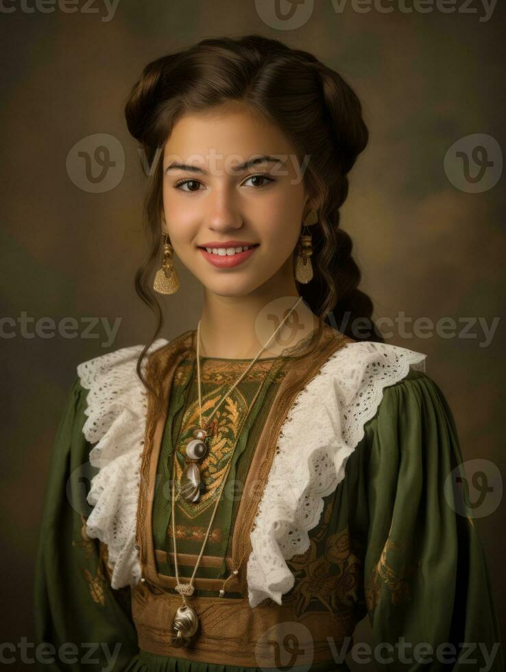 souriant Jeune femme de mexicain descente habillé dans élégant robe sur gris Contexte ai génératif photo