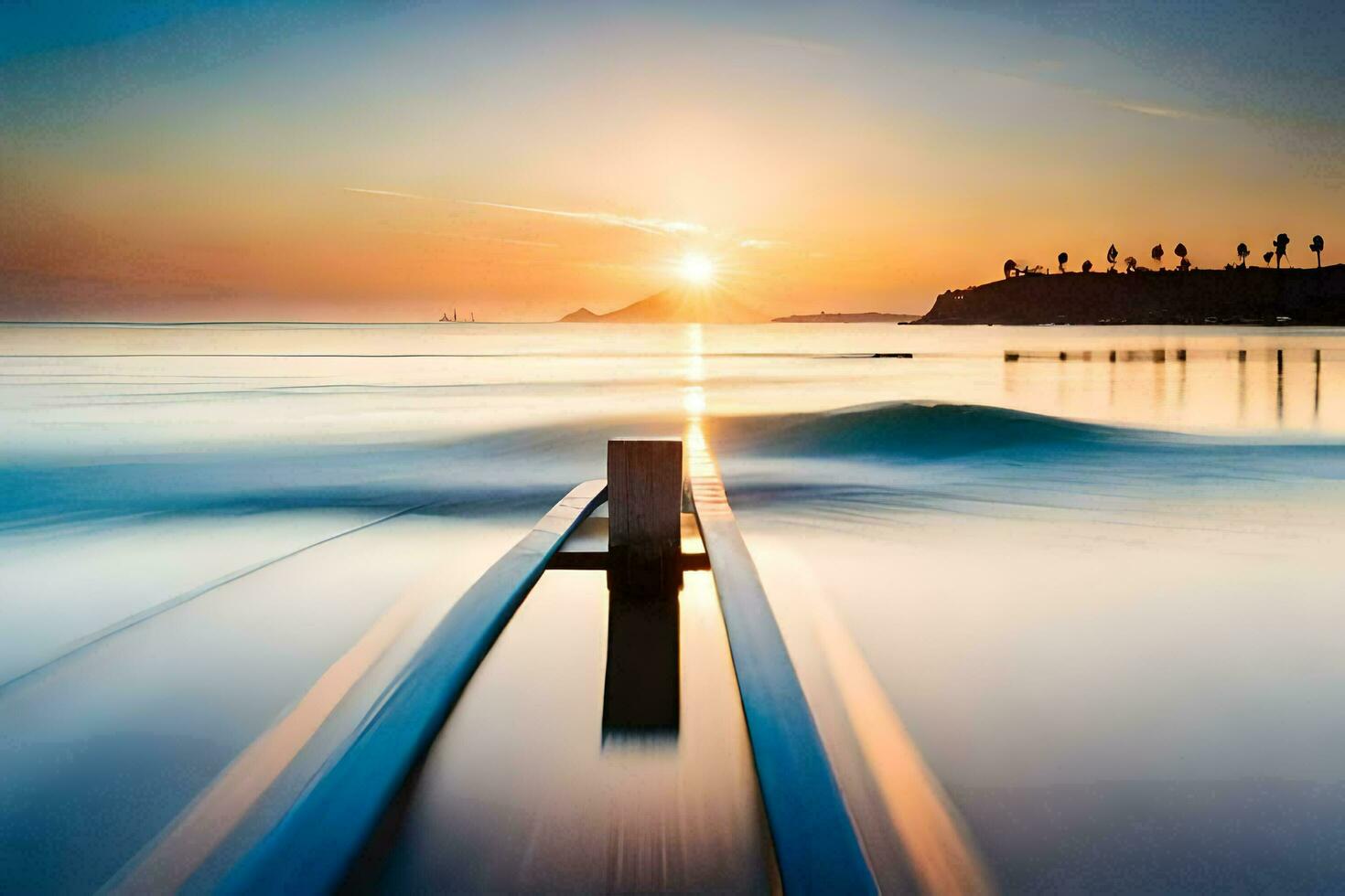 une longue exposition photographier de le Soleil réglage plus de le océan. généré par ai photo