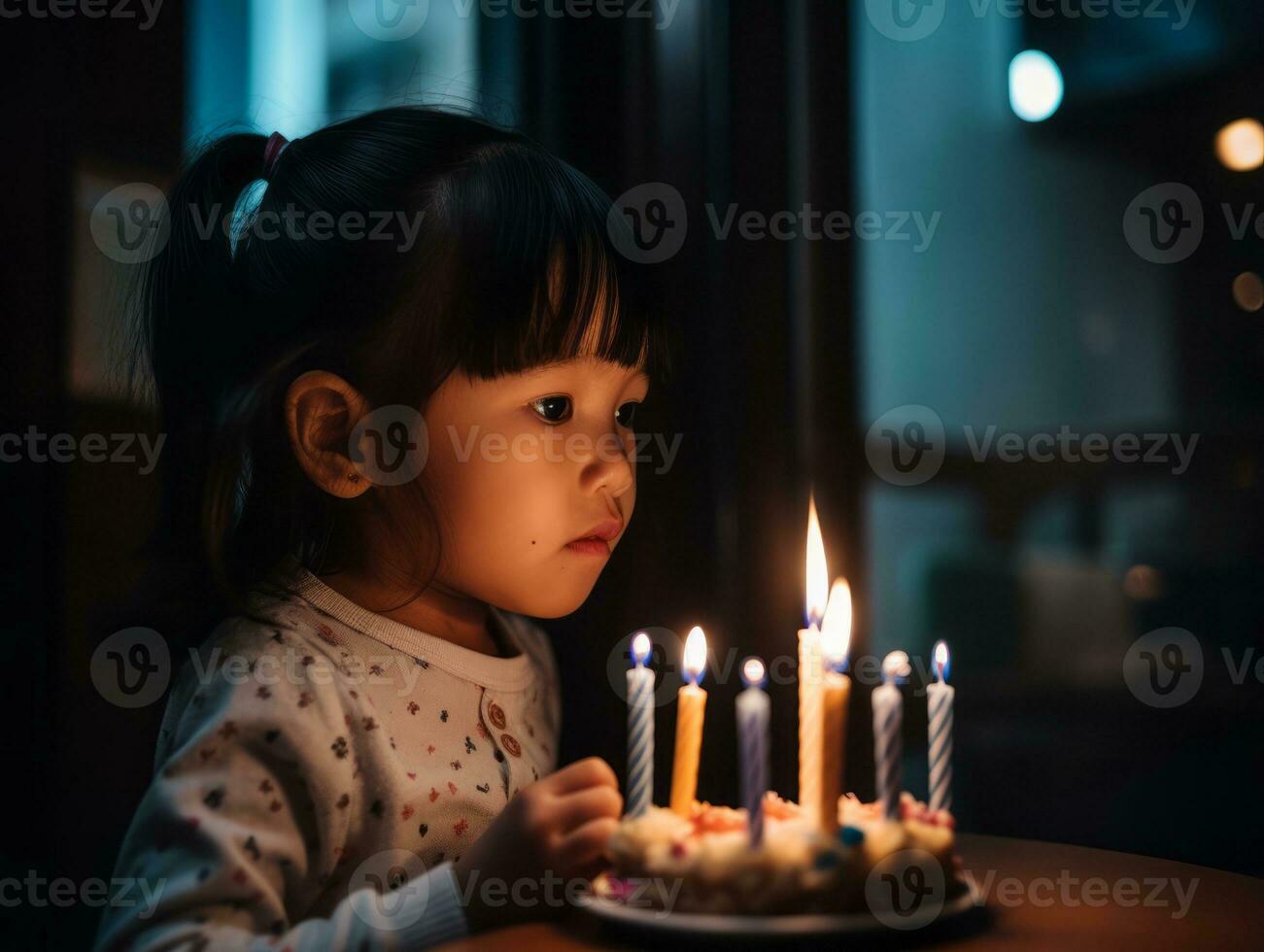 enfant soufflant en dehors le bougies sur leur anniversaire gâteau ai génératif photo