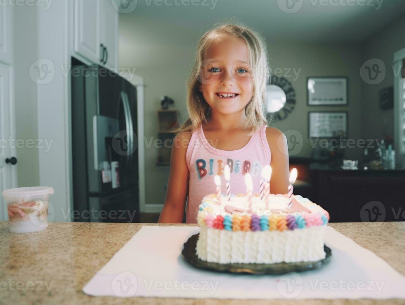 enfant soufflant en dehors le bougies sur leur anniversaire gâteau ai génératif photo