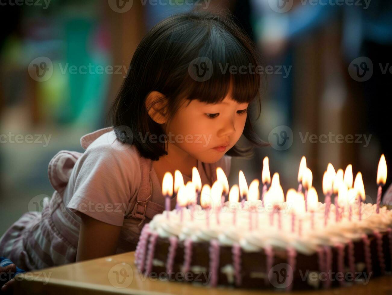 enfant soufflant en dehors le bougies sur leur anniversaire gâteau ai génératif photo